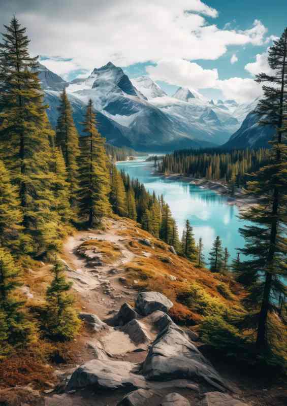 Turquoise Lake Trees And Mountains | Metal Poster