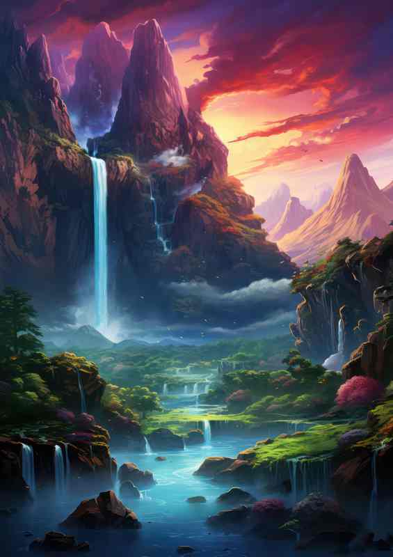 Vibrant Skies With Waterfalls | Metal Poster