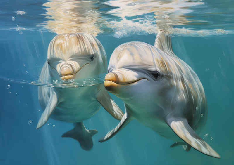 Pair of Dolphins swimming underwater in an ocean | Metal Poster