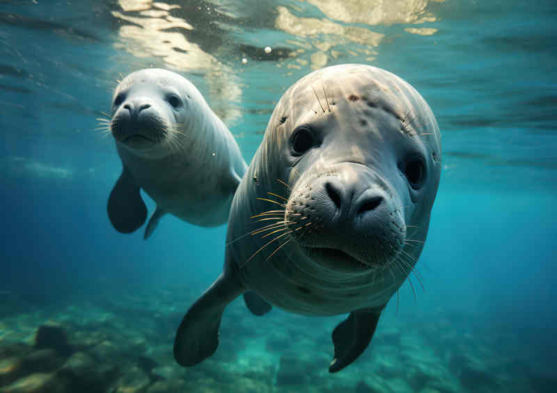 Pair of Seals swimming underwater in an ocean | Metal Poster