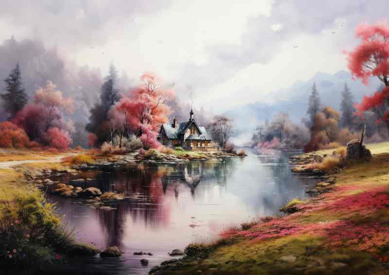 Pink beauty of Cabin Near River | Metal Poster