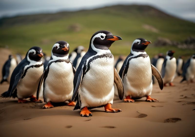 Penguins on a beach in the sand | Metal Poster