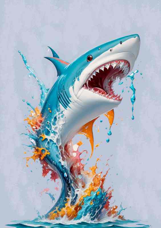 Chromatic Predator Shark jumping out of the sea | Metal Poster