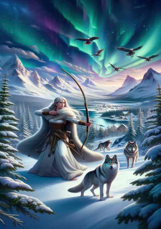 Norse goddess Skadi winter huntress with a bow drawn | Metal Poster
