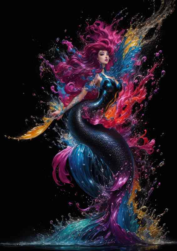 Graceful Mermaid Artistic Splash Creation | Metal Poster