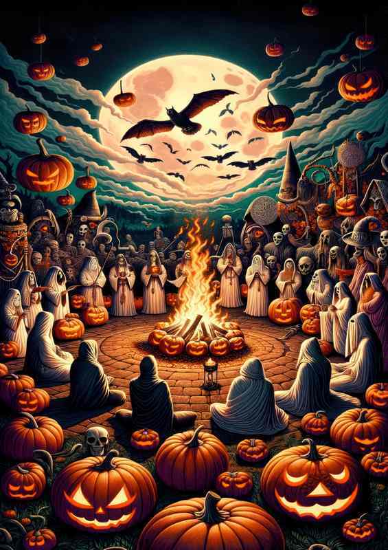 Pagan ceremony of Samhain with practitioners gathered | Metal Poster