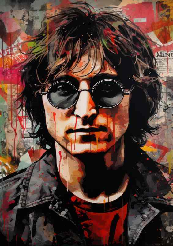 John Lennon with glasses in splash art style coloured | Metal Poster