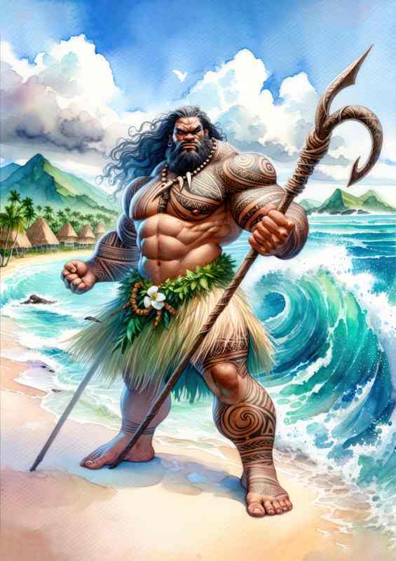 Watercolor painting Polynesian god Maui | Metal Poster