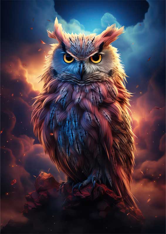 Owl on a perch in the night sky | Metal Poster