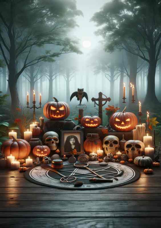 Wiccan altar setup for Samhain with carved pumpkins | Metal Poster