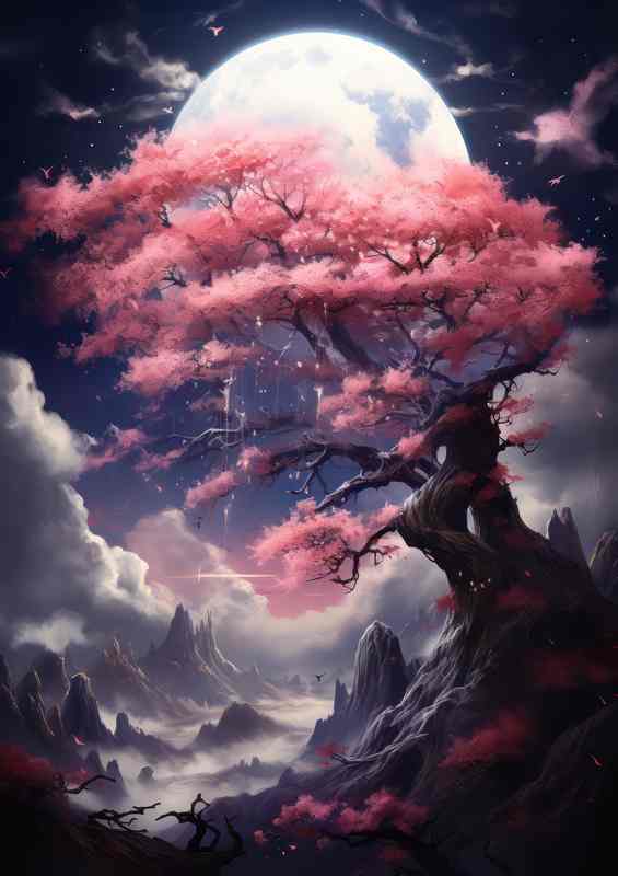 Pink Blossoms In The Moonlight | Metal Poster