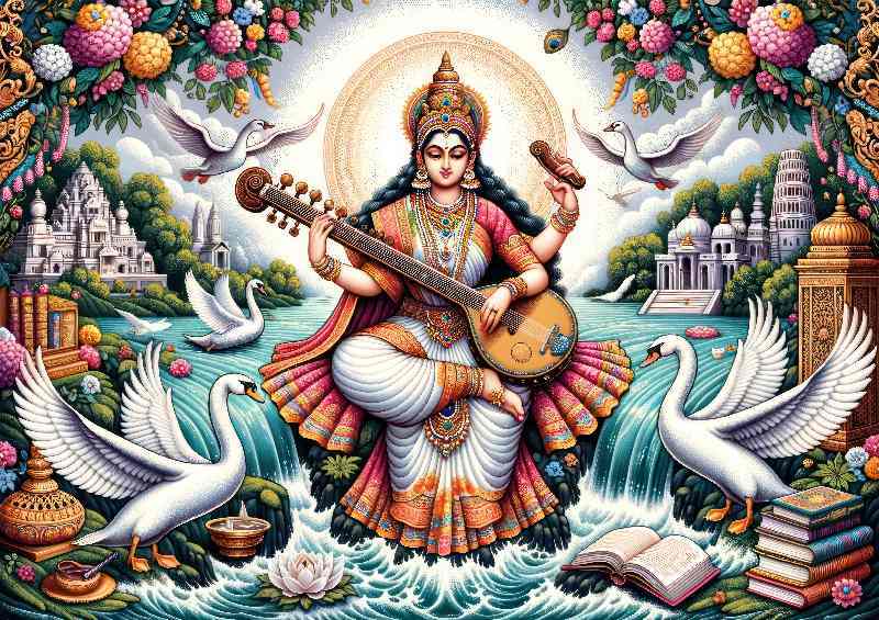 Hindu goddess Saraswati deity of knowledge and arts | Metal Poster
