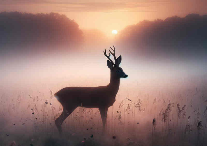 Moring mist with a deer standing tall | Metal Poster