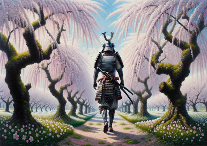 Blade a samurai walking through a serene cherry orchard | Metal Poster