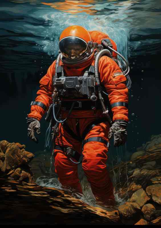 Orbital Explorer Mans Journey through the Water Depths | Metal Poster