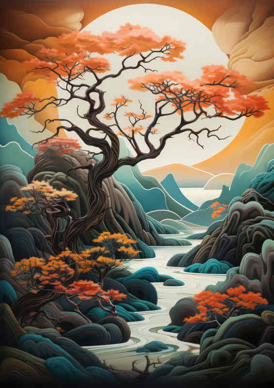 Mountains in japan with a lush tree | Metal Poster