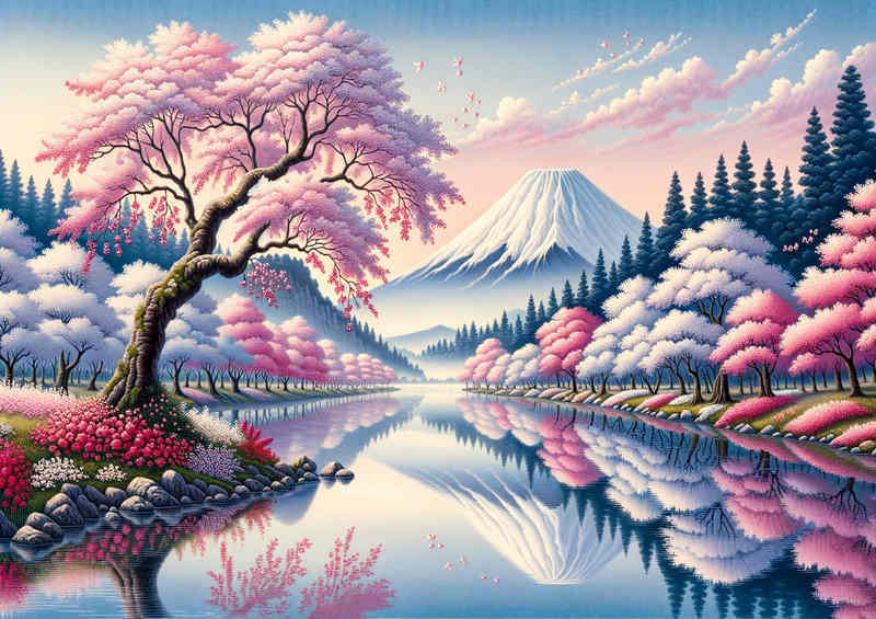 Cherry Blossom Charm and Fuji a serene riverside scene | Metal Poster
