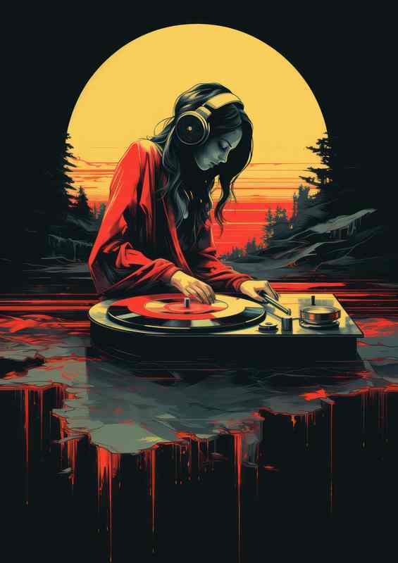 female Dj with the vinyl records old skool | Metal Poster