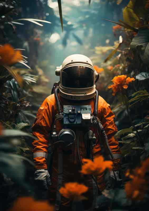 Astronaut Standing Next To Leaves In The Jungle | Metal Poster