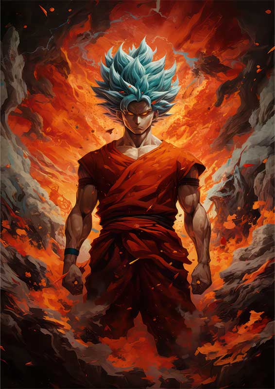 Goku Majestic Flex surrounded by fire | Metal Poster