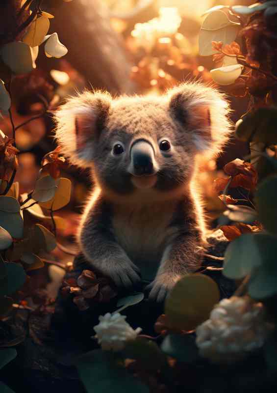 A Koala with the sun behind it looking up at the camera | Metal Poster