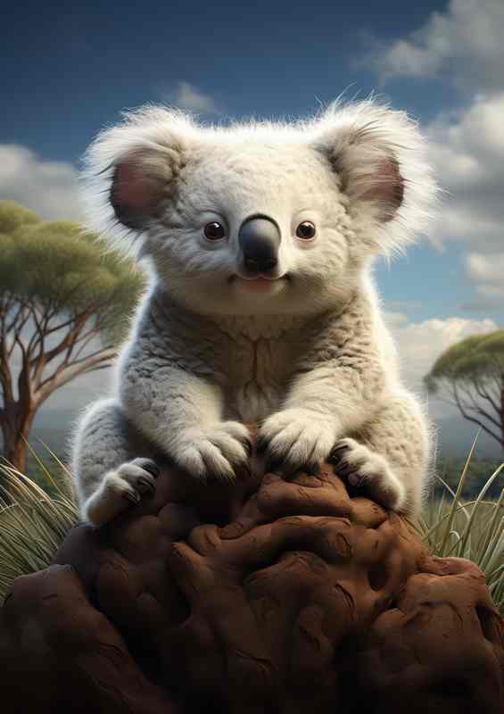 A little koala sitting on grass in the desert | Metal Poster