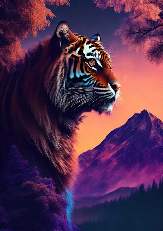 Creative a tiger profile with trees and mountains | Metal Poster