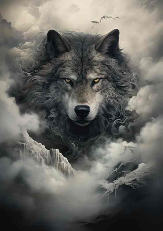 Black and white wolf surrounded by mist and fog | Metal Poster