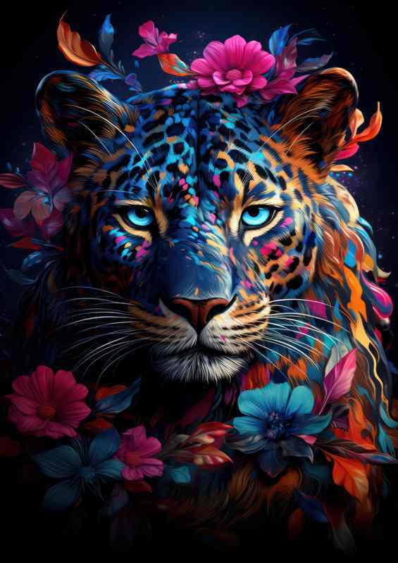 Colorful Leopard with Blue Eyes & Flower Surroundings | Metal Poster