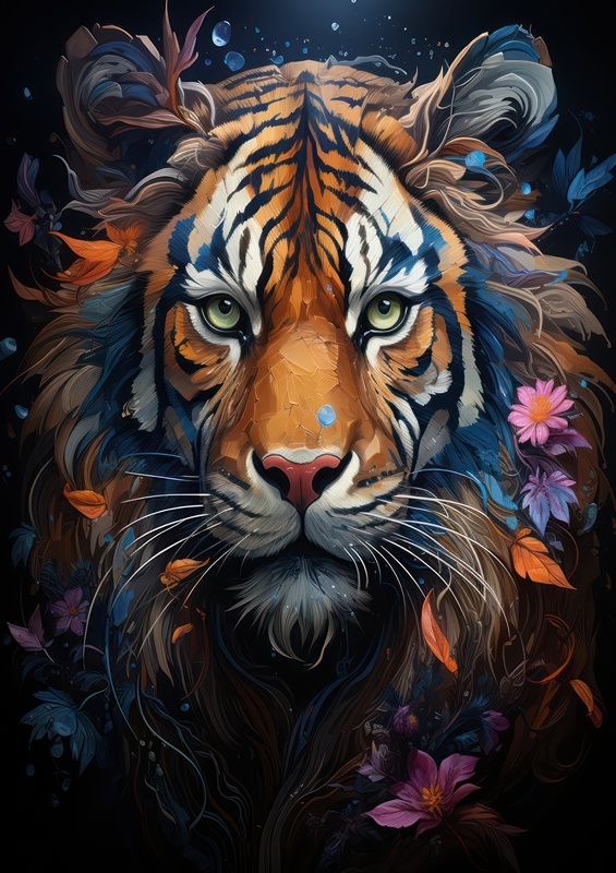 Colourful majestic Tiger surrounded by flowers | Metal Poster