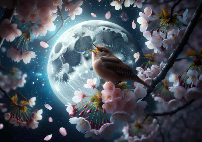 Mystical Nightingales' Moonlit Cherry Tree Metal Poster