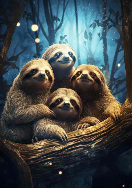 Four Sloths together on a branch in the night time | Metal Poster