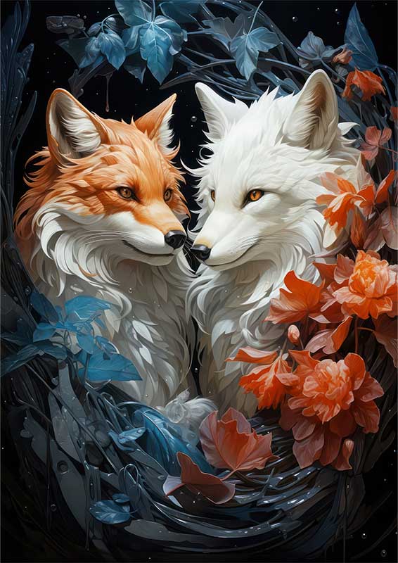 Foxes in love surrounded by flowers | Metal Poster