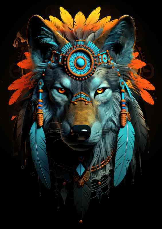 Indian wolf with feathers on a black background | Metal Poster