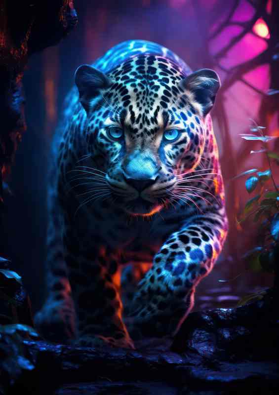 Leopard walking through the woodland colourful | Metal Poster