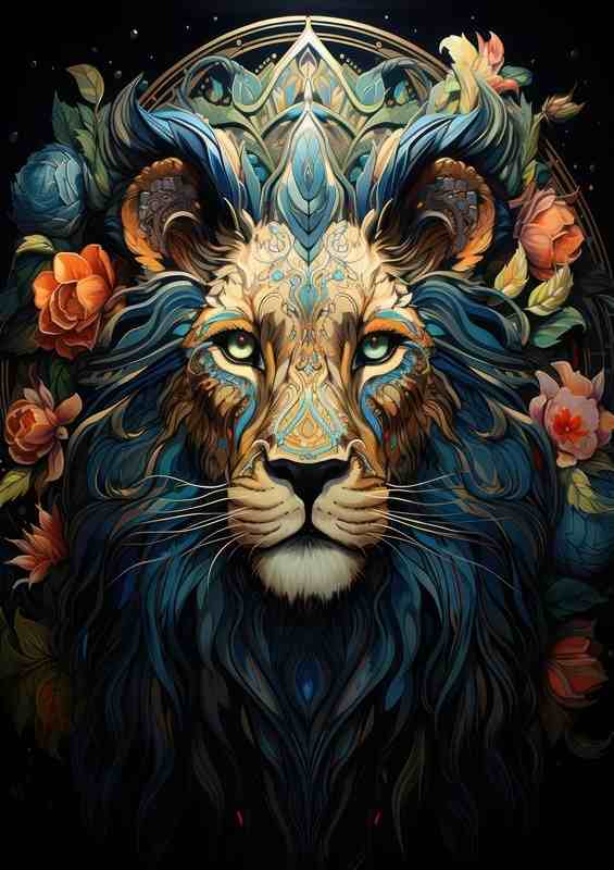 Lion head with flowers looking majestic | Metal Poster