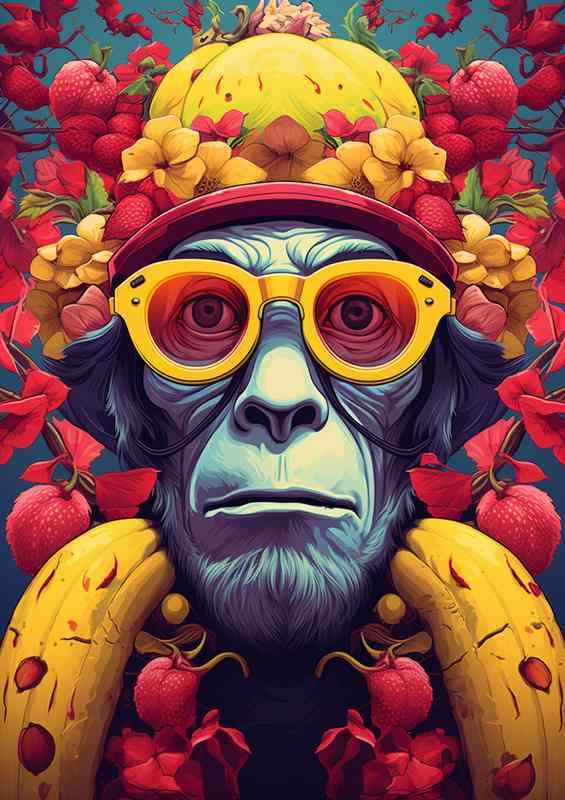 Monkey Mischief Cap Wearing Primates Among Bananas | Metal Poster