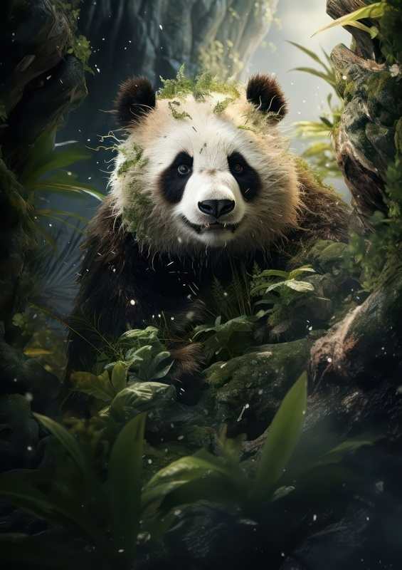 Panda in bamboo mountains with green folliage | Metal Poster