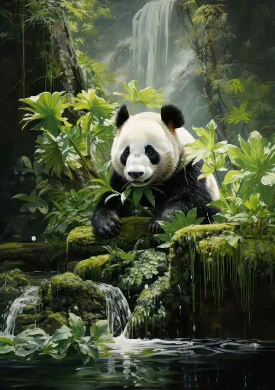 Panda in the bamboo near a waterfall | Metal Poster