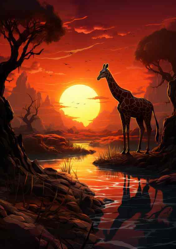 Single giraffe in silhouette against an orange sun | Metal Poster
