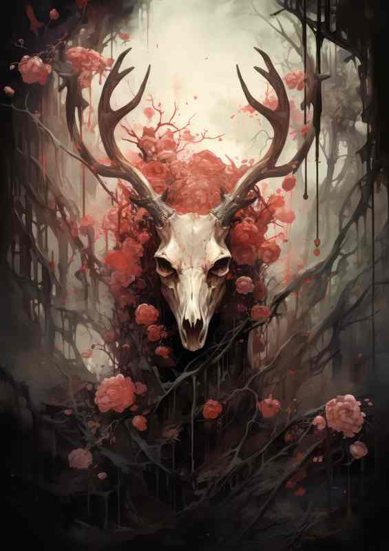 Skull of a Deer surrounded by woodlands and red flowers | Metal Poster