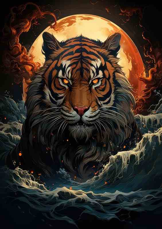 The tiger in the middle of the water | Metal Poster