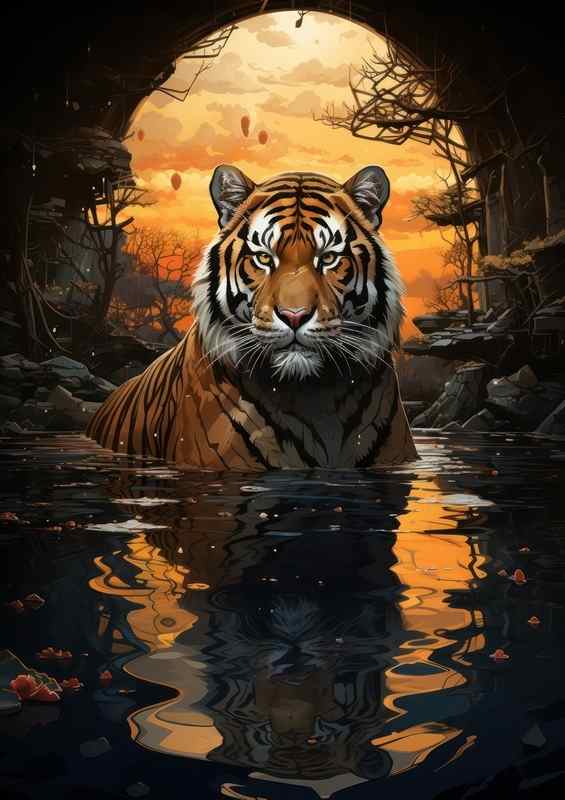 Tiger Playing in the water with its reflection | Metal Poster