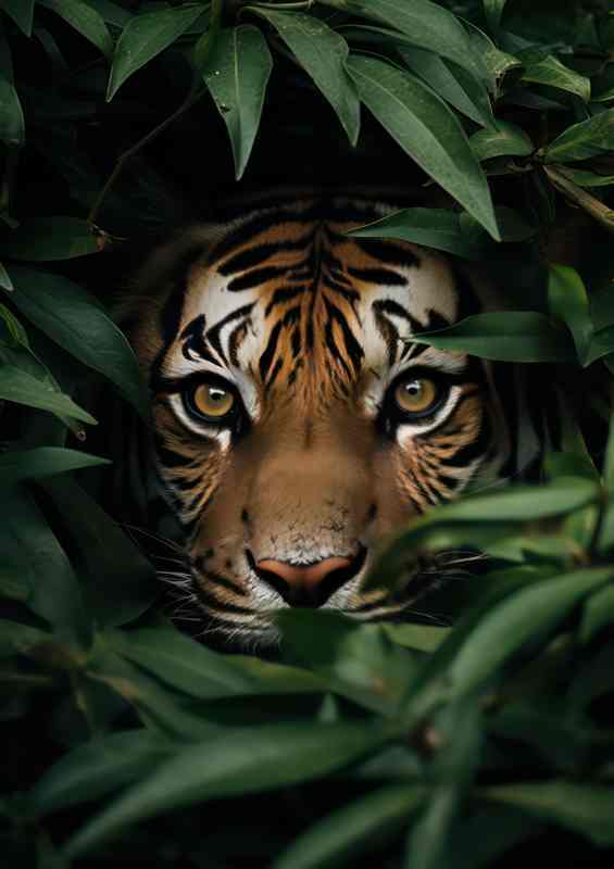 Tigers face peeking out form the bushes | Metal Poster