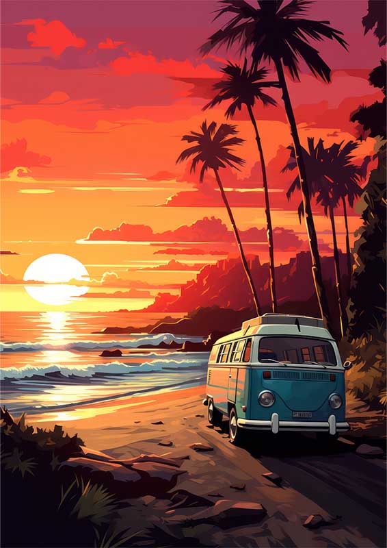 Camper Bus Sitting In The Sunset By The Beach | Metal Poster