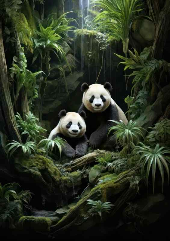 Two pandas in the bamboo near a waterfall | Metal Poster