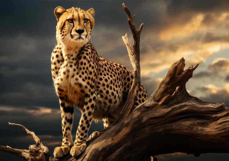 A Cheetah standing on top of a dead tree | Metal Poster