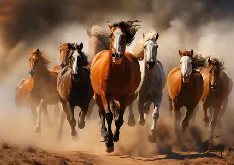 A Large group of horses running on a dirt road | Metal Poster
