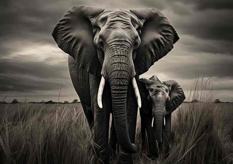 A Pair Of elephants in the grassy plainlands | Metal Poster