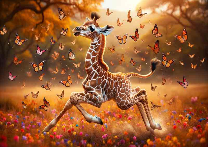 Afri Adorable Giraffe Playfully Chasing Butterflies Metal Poster